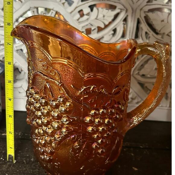 Imperial Iridescent Carnival Glass Marigold Pitcher Grape Vine Vintage Orange - Picture 8 of 9